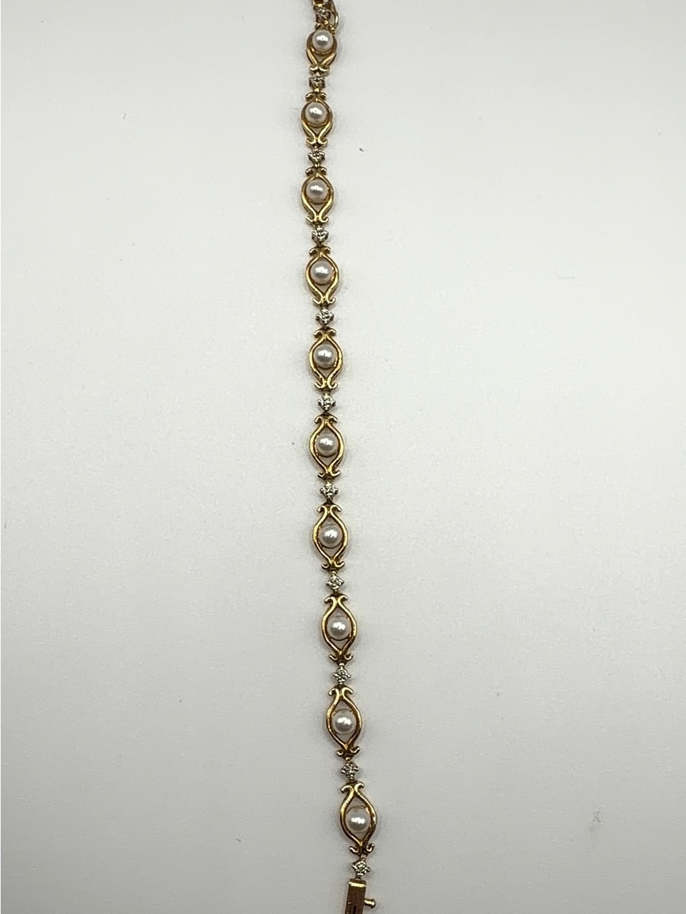14K Gold Pearl & Diamond Link Bracelet 7 Inch